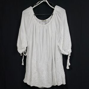White Valentina Naldi Boho 100% Cotton Eyelet 3/4 Sleeve Blouse Top. Size: 2X